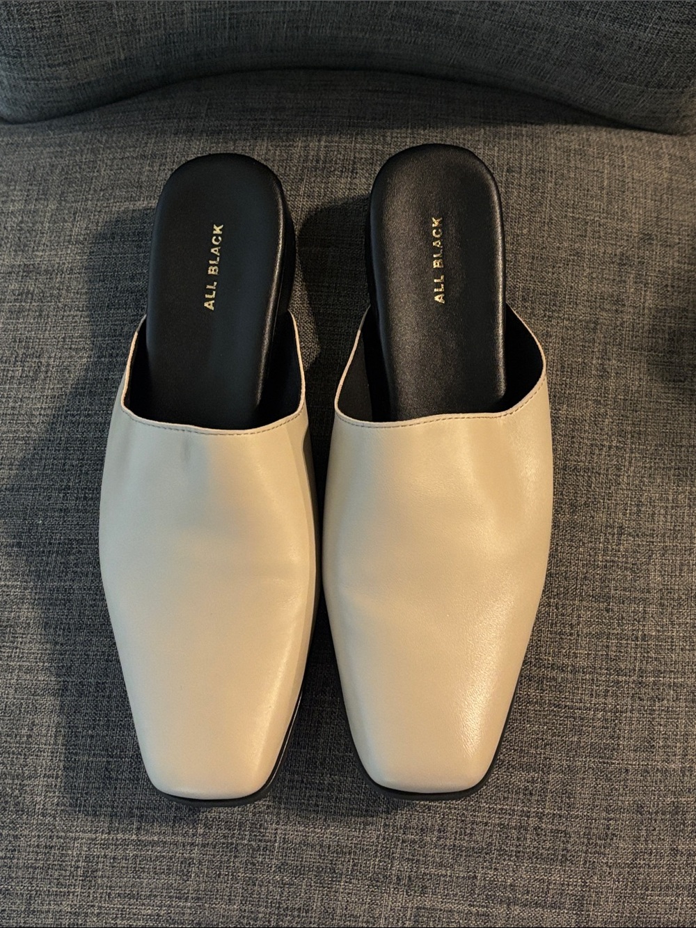 ALL BLACK Cream Square-Toe Slip-On Mules with Black Footbed